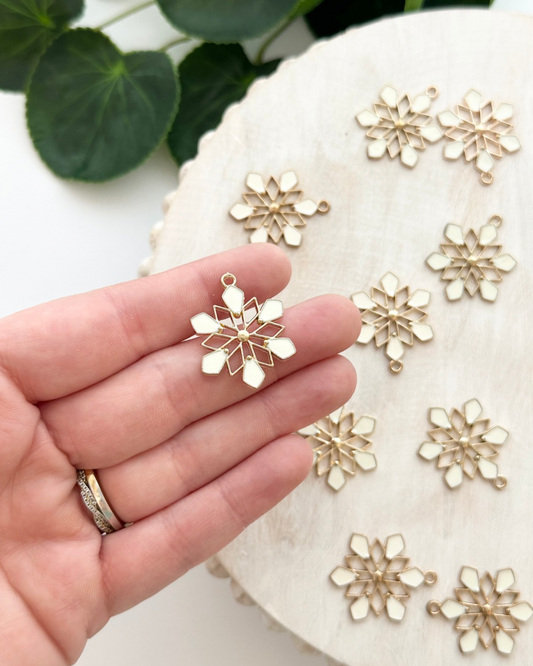 White Enamel Snowflake Charms - Gold  (10pc)