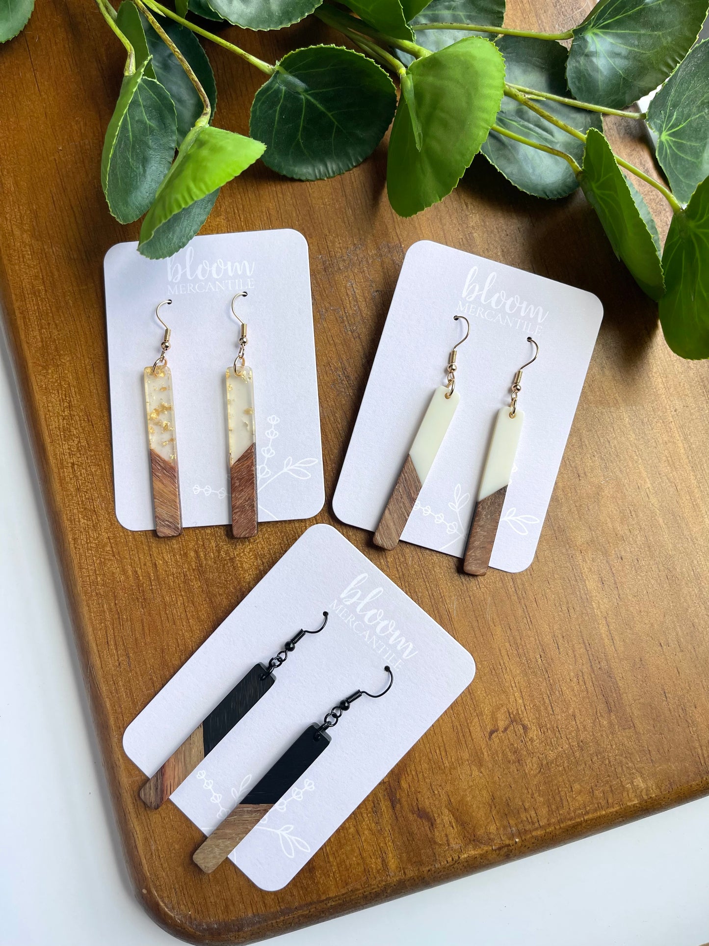 Wood & White, Black, Clear and Gold Flake Skinny Rectangle Dangles
