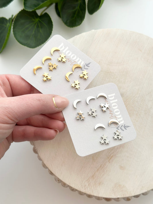 Crescent Moon and Star Trio | Add-On Stud Packs (5 pair)