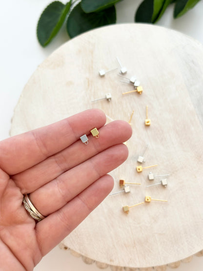 Small Cube Earring Posts - Gold or Silver (10pc)
