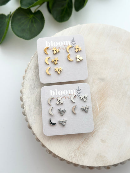 Crescent Moon and Star Trio | Add-On Stud Packs (5 pair)