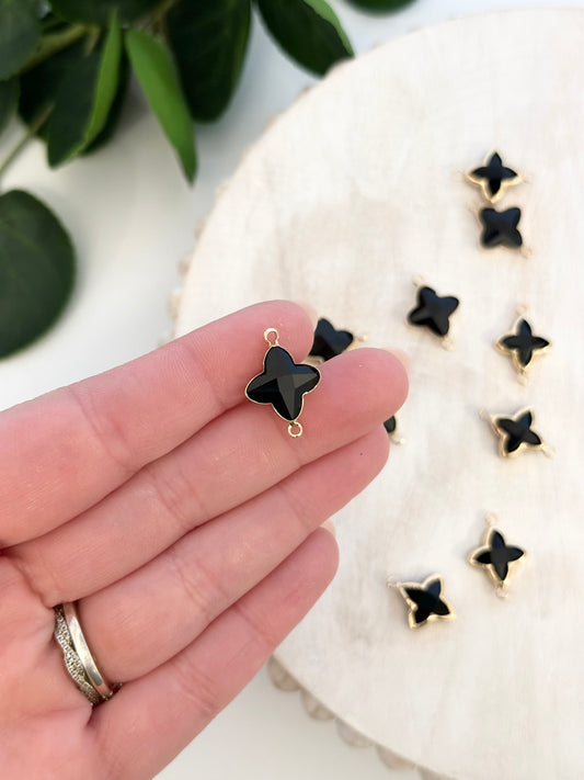 Black Glass Faceted Cross Connector Charm - Gold (10pc)
