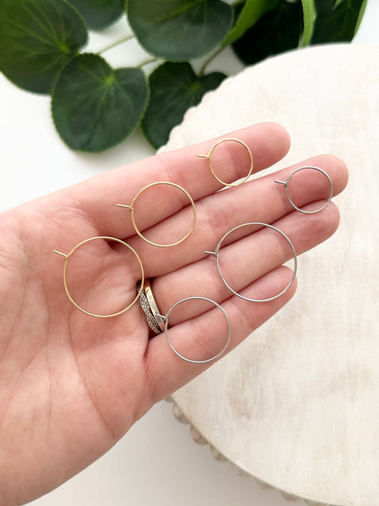Wire Hoop Earring Post - 15mm, 20mm, 25mm - Gold or Silver (10pc)