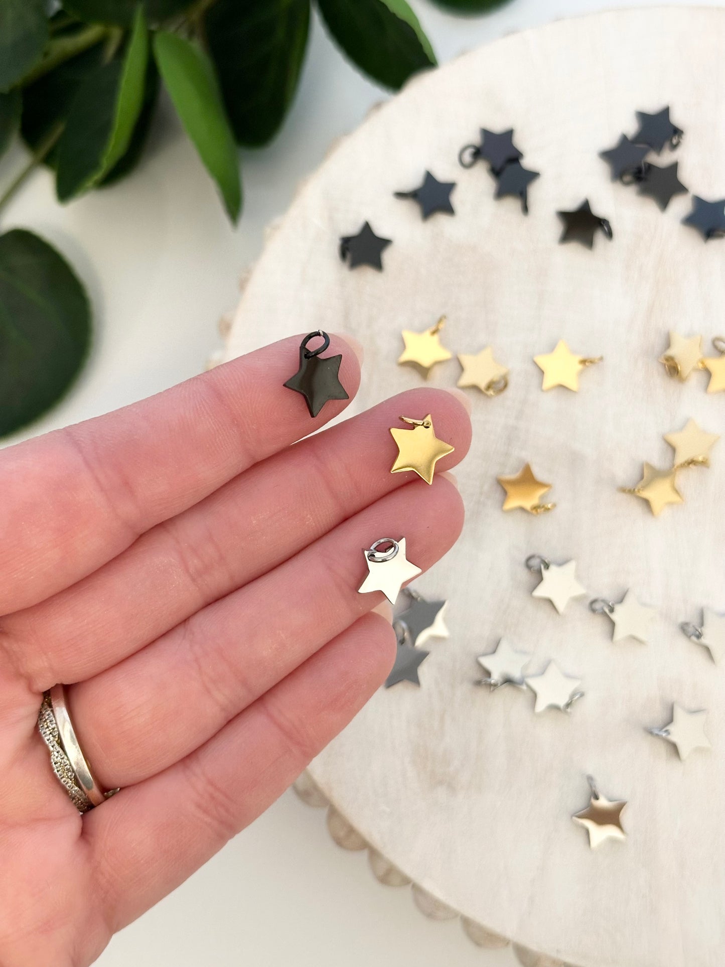 Mini Star Charms - Gold, Silver, Black  (10pc)