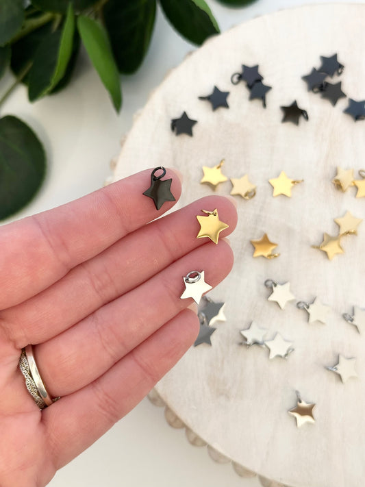 Mini Star Charms - Gold, Silver, Black  (10pc)