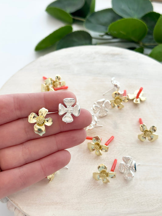 Sculpted Flower Earring Post - Gold or Silver (10pc)
