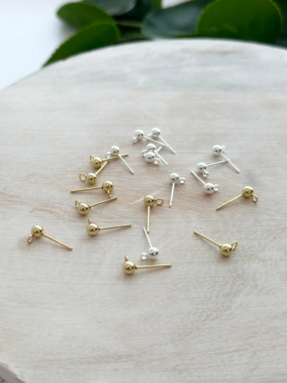 4mm Ball Earring Posts - Gold or Silver (10pc)