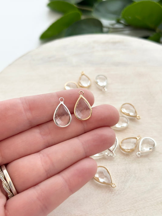Glass Teardrop Charm - Gold or Silver (10pc)
