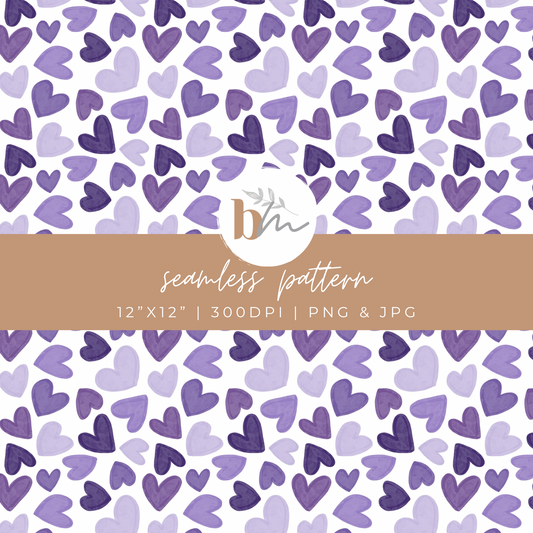 Watercolor Hearts - Purple | Digital Seamless Pattern