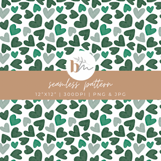Watercolor Hearts - Green | Digital Seamless Pattern