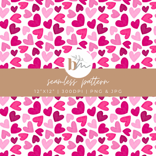 Watercolor Hearts - Pink | Digital Seamless Pattern