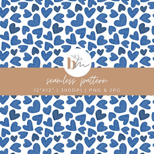 Watercolor Hearts - Blue | Digital Seamless Pattern