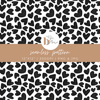 Watercolor Hearts - Black | Digital Seamless Pattern