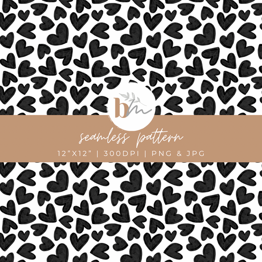 Watercolor Hearts - Black | Digital Seamless Pattern