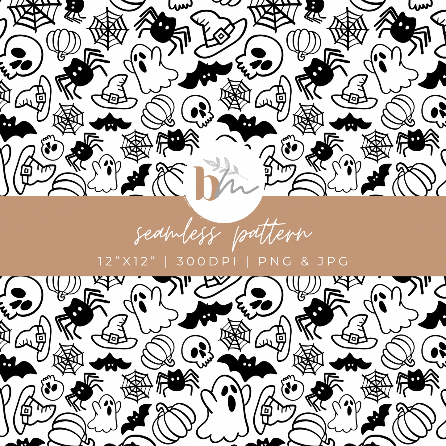 Halloween Sketch - Bats, Spiders, Ghosts, Pumpkins | Digital Seamless Pattern