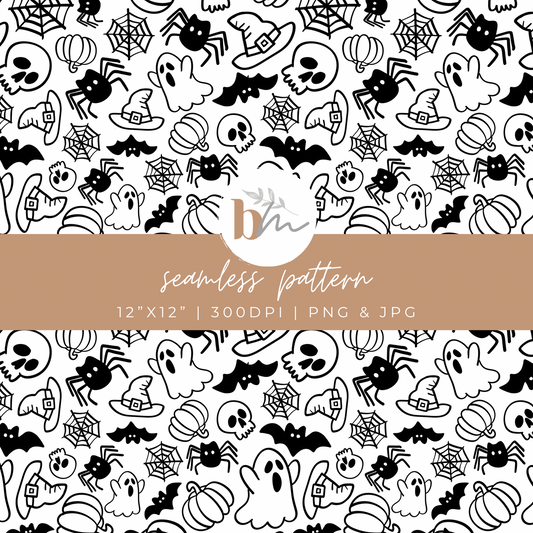 Halloween Sketch - Bats, Spiders, Ghosts, Pumpkins | Digital Seamless Pattern