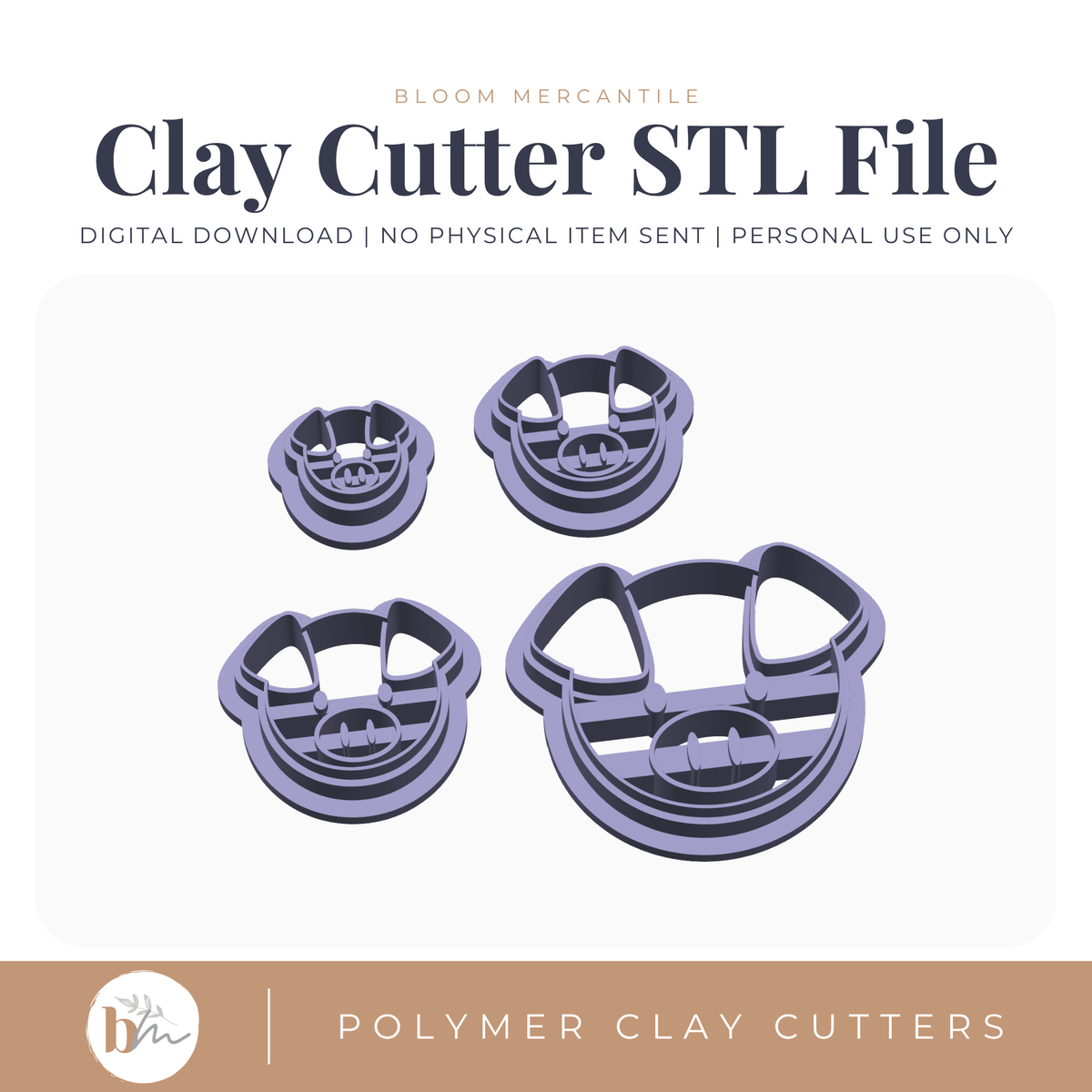 Embossed Pig Head - 4 Sizes | Digital STL File | Polymer Clay Tools & Cutters