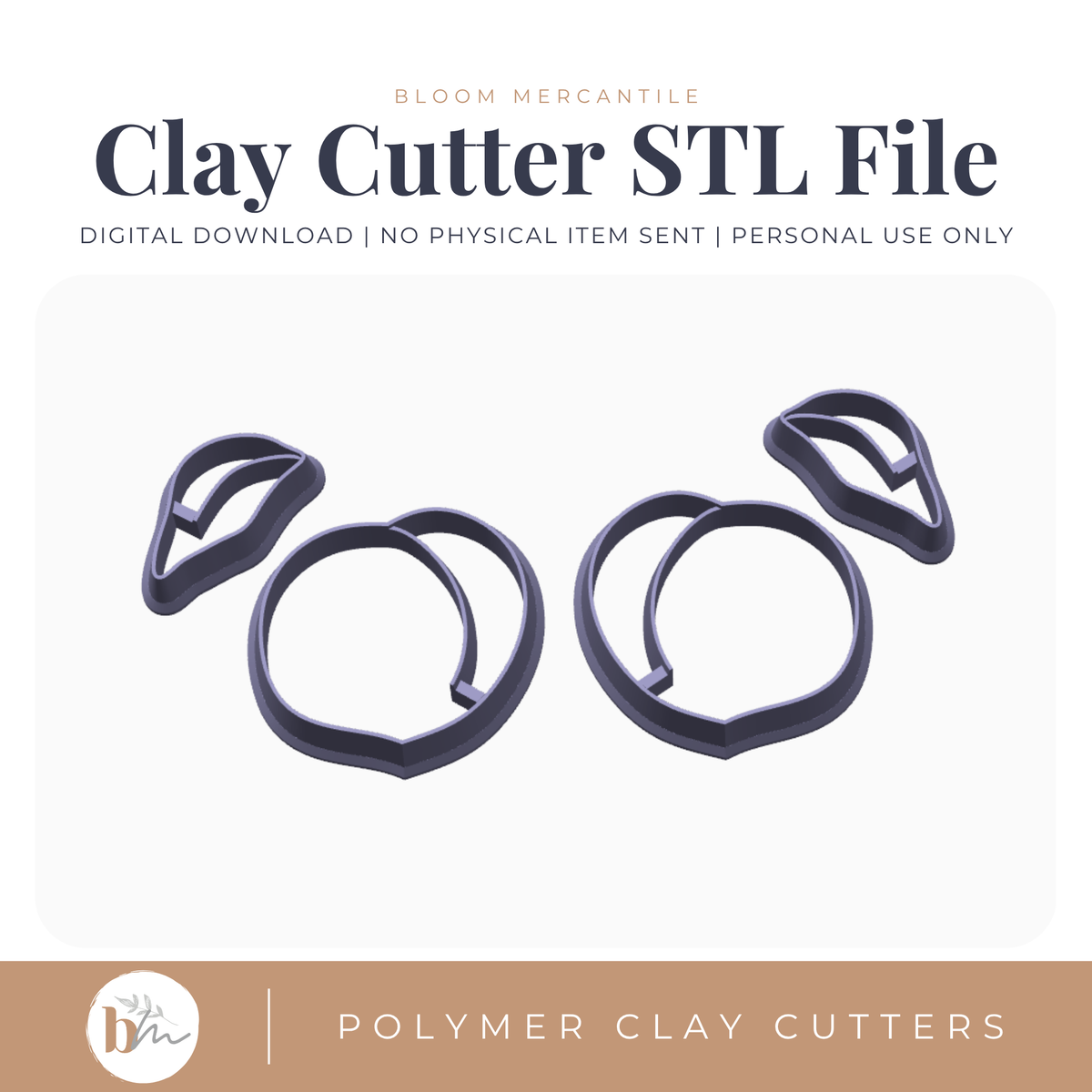 Peach with Leaf Mirror Set - 4 Sizes STL polymer clay cutter digital file