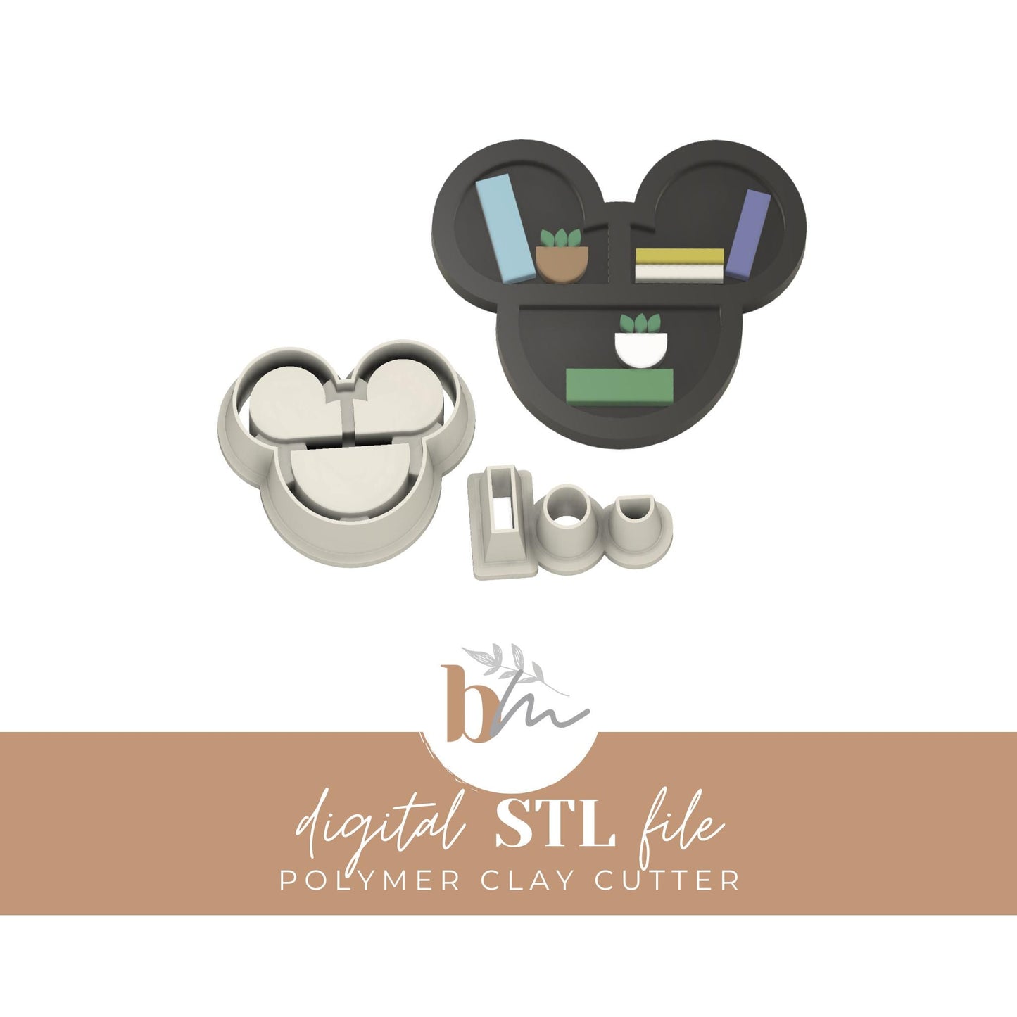 Mouse Head Bookshelf with Decor Items | Digital STL File | Polymer Clay Cutters & Tools