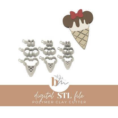 Mouse Head Ice Cream Cone Sets - 3 Sizes | Digital STL File | Polymer Clay Cutters & Tools