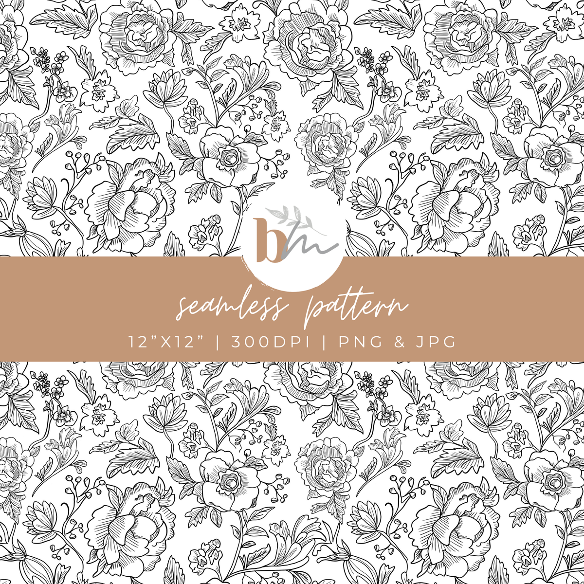 Black and White Chinoiserie | Floral Fineline | Digital Seamless Pattern | PNG, JPG | Instant Download | Commercial Use Included | LRey Digital Designs | Digital Seamless Pattern (Copy)