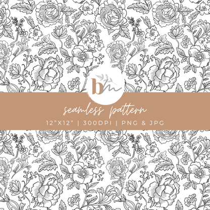Black and White Chinoiserie | Floral Fineline | Digital Seamless Pattern | PNG, JPG | Instant Download | Commercial Use Included | LRey Digital Designs | Digital Seamless Pattern (Copy)