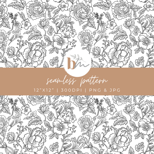 Black and White Chinoiserie | Floral Fineline | Digital Seamless Pattern | PNG, JPG | Instant Download | Commercial Use Included | LRey Digital Designs | Digital Seamless Pattern (Copy)