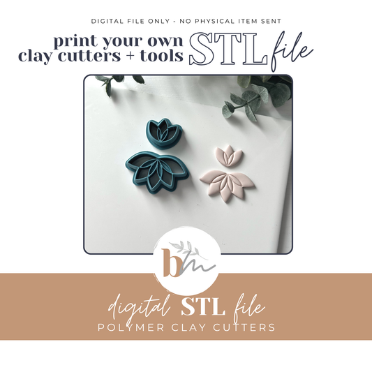 Abigael - Embossed Lotus Flower - 2pc | Digital STL File | Polymer Clay Tools & Cutters