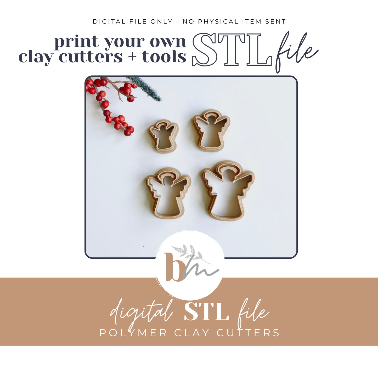 Angel with Embossed Halo - 4 Sizes | Digital STL File | Polymer Clay Tools & Cutters