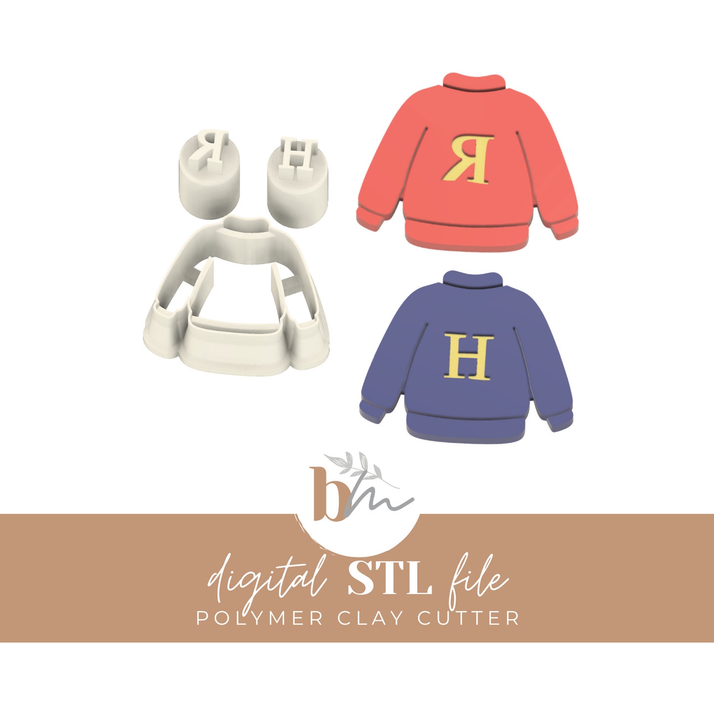 Sweater with H & R Monogrammed Stamps - 6 Sizes | Digital STL File | Polymer Clay Tools & Cutters