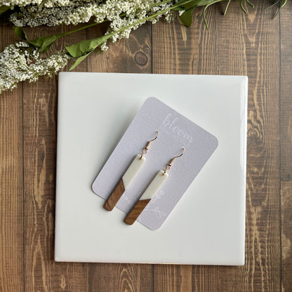 Wood & White, Black, Clear and Gold Flake Skinny Rectangle Dangles